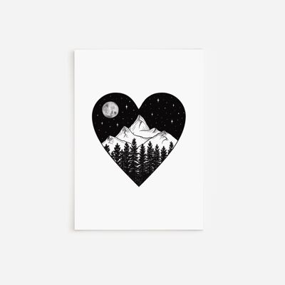 Tarjeta de felicitación de corazón de montaña de noche estrellada en blanco y negro A5