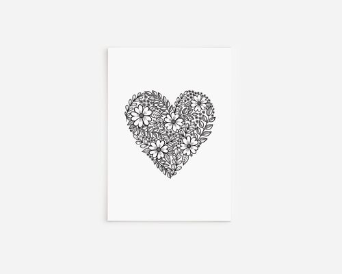 Black and White Floral Heart Greetings Card A5
