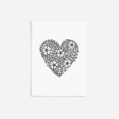 Carte de voeux coeur floral noir et blanc A5