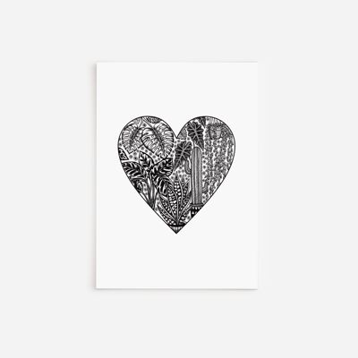 Tarjeta de felicitación de corazón de planta de interior en blanco y negro A5