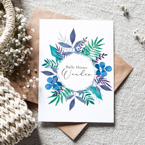 Faltkarte "Hallo Kleines Wunder Blätterkranz" | Geburt | verschiedene Farben - blau
