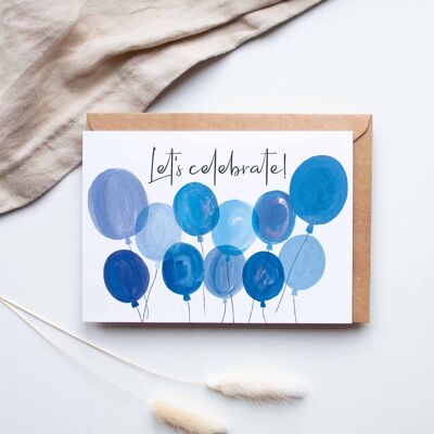 Tarjeta plegable "Celebremos globos azul" | fecha de cumpleaños