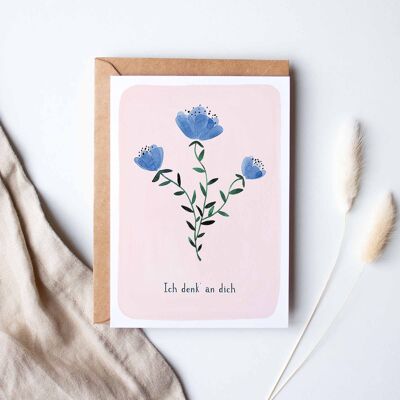 Carte dépliante "Je pense à toi fleurs bleues"