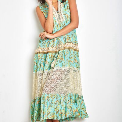 Green turquoise bohemian print long dress with pompoms and lace