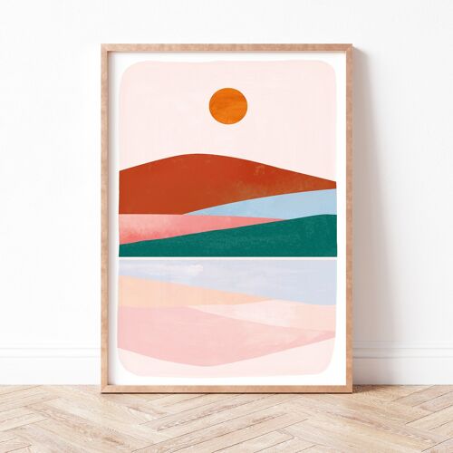 Kunstdruck "Bunte Berglandschaft rosa grün orange" - A5