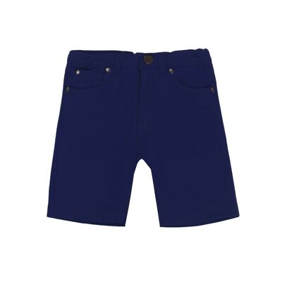 Boy's navy blue stretch twill Bermuda shorts with five pockets.