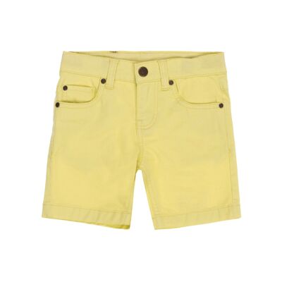 Gelbe Jungen-Bermudashorts aus elastischem Twill mit fünf Taschen.