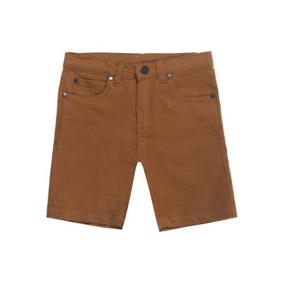 Boy's brown stretch twill Bermuda shorts with five pockets.