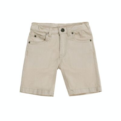 Five-pocket boy's stone-colored stretch twill Bermuda shorts.