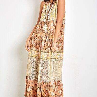 Apricot long dress in bohemian print with pompoms and lace