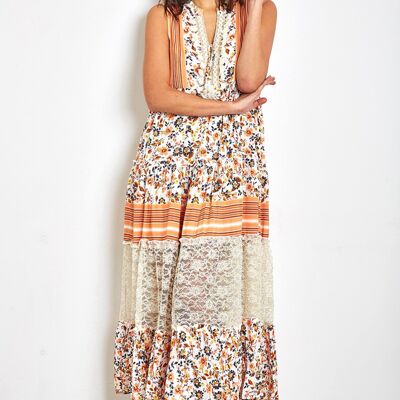 White long dress in orange bohemian print with pompoms and lace