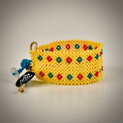 wide Maasai bracelet with button / yellow, blue, red