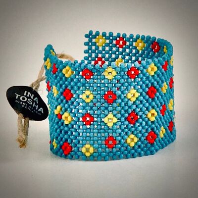 wide Maasai bracelet with button / light blue, red, yellow
