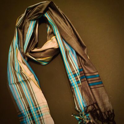 Scarf - Soft kikoi shiny grey, light blue, beige and silver