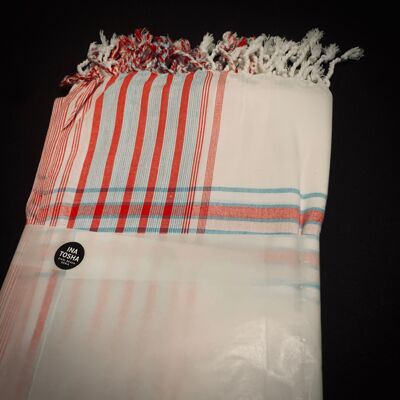 Echarpe - Soft kikoi blanc avec cadre bleu/rouge