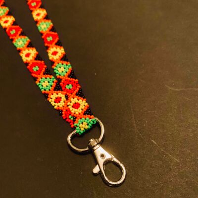 Beaded lanyard - blue/red/yellow/light green flowers