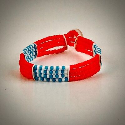 Bracelet Maasai avec bouton / rouge avec blanc/bleu clair