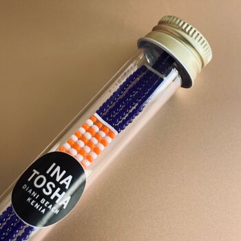 Bracelet Maasai avec bouton / bleu foncé avec blanc/orange 3