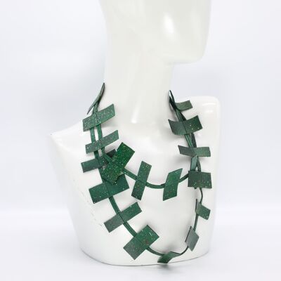 Recycled Leather single strand necklace - Hand painted Green Graffiti