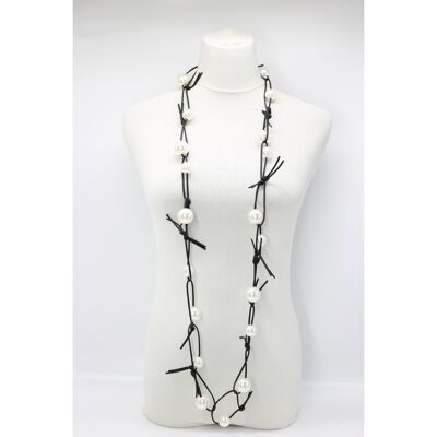 Faux Pearls on Leatherette Chain Necklace - White