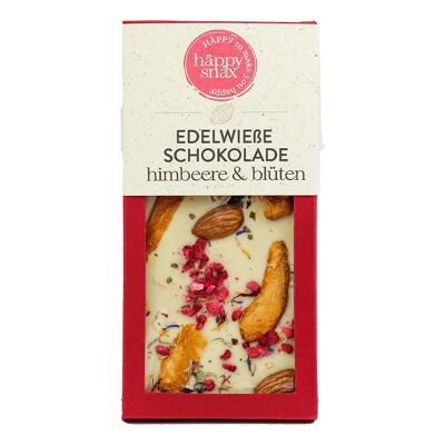 Noble white chocolate 35% with raspberries and blossoms, with raw cane sugar