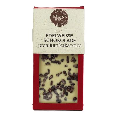 Noble white chocolate 35% with premium cacao nibs and raw cane sugar