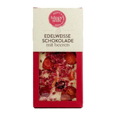 Edle weisse Schokolade 35% mit Rohrohrzucker und gefriergetrockneten Beeren