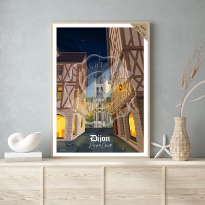 Affiche de voyage vintage et tableau bois pour décoration d’intérieur / Dijon - Rue de la Chouette