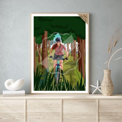 Poster esplorativo vintage e dipinto in legno per la decorazione d'interni/mountain bike nella foresta