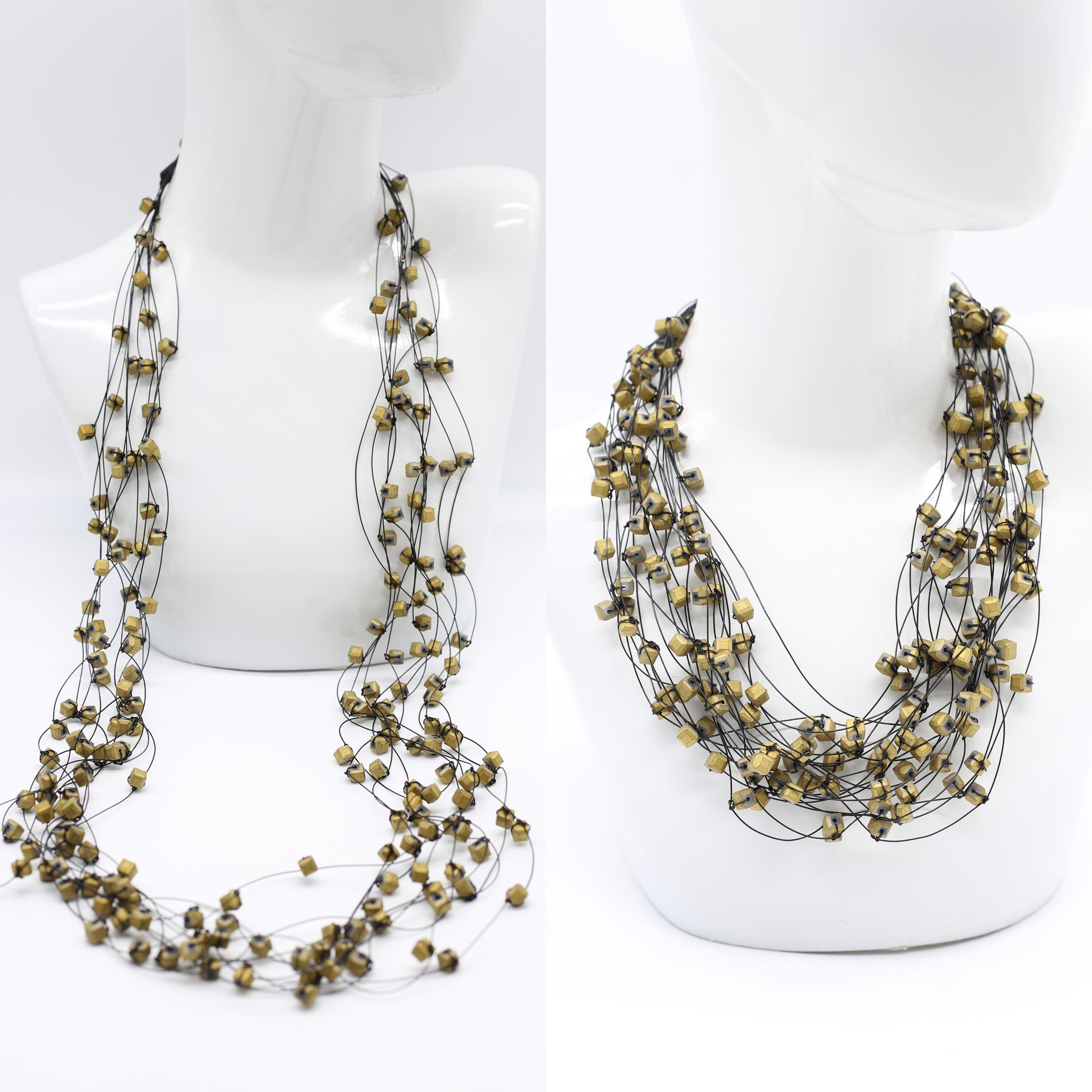 Collana annodata con filo da pesca nero a 10 fili - oro opaco