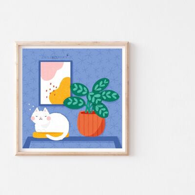 Sleepy Cat - Illustrated Art Print - 8x8” inches