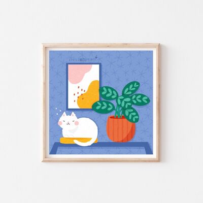 Sleepy Cat - Illustrated Art Print - 12x12” inches
