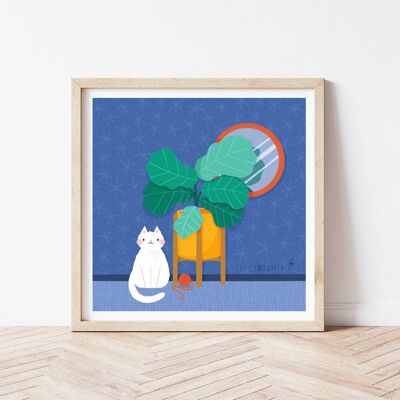 Cat & Fiddle Leaf Fig - Illustrated Art Print - 8x8” inches