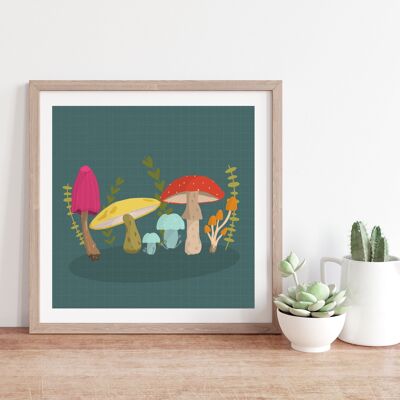 Colourful Mushrooms - Illustrated Art Print - 8x8" inches