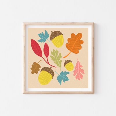 Acorns - Illustrated Art Print - 8x8" inches