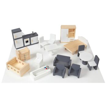 Maison de poupées contemporaine avec 18 accessoires de meubles en bois fabriqués à la main 12