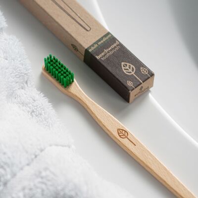 Brosse à dents en bois de hêtre 100 % végétal - Fabriquée en Allemagne (FSC 100 %) Poils verts