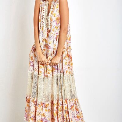 Long beige floral print dress with pompoms and lace