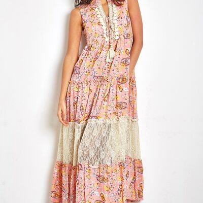 Pale pink paisley print long dress with pompoms and lace