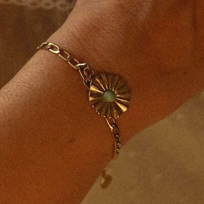 Large chain steel bracelet chiseled flower semi-precious stone