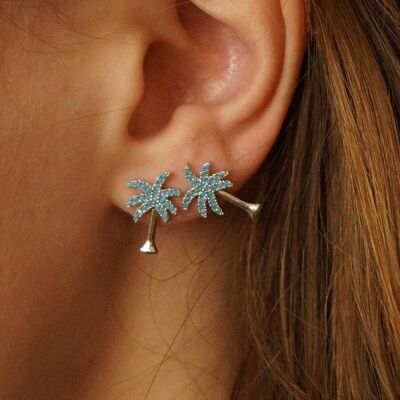 Blue rhinestone palm tree brass earrings