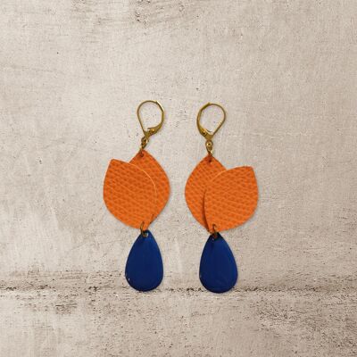 Boucles d'oreilles Alexandrie en cuir - marine et orange