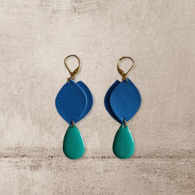 Boucles d'oreilles Alexandrie en cuir - émeraude et marine