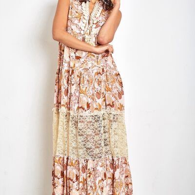 Beige long dress in bohemian print with pompoms and lace
