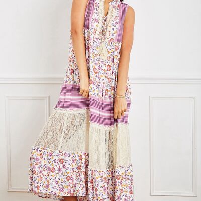 White long dress in purple flower print with pompoms and lace