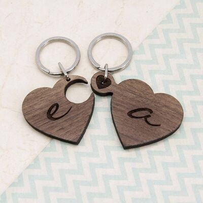 2 Heart Jigsaw Wooden Key Ring - Couple Initials Circular (PER2192) (TreatRepublic002)