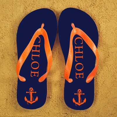 Anchor style Personalised Flip Flops in Blue and Orange (PER355-OS) (TreatRepublic053)