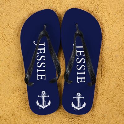 Anchor style Personalised Flip Flops in Blue and White (PER351-BS) (TreatRepublic056)