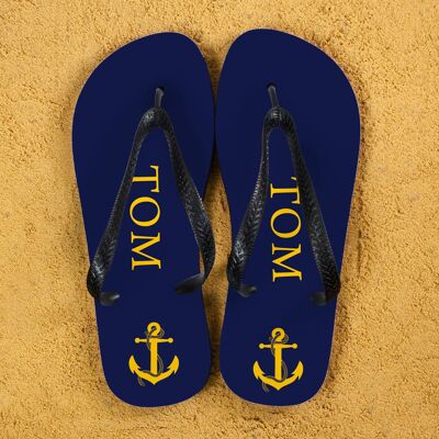 Anchor style Personalised Flip Flops in Blue and Yellow (PER352-BL) (TreatRepublic058)