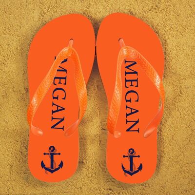 Anchor style Personalised Flip Flops in Orange and Blue (PER356-OS) (TreatRepublic062)